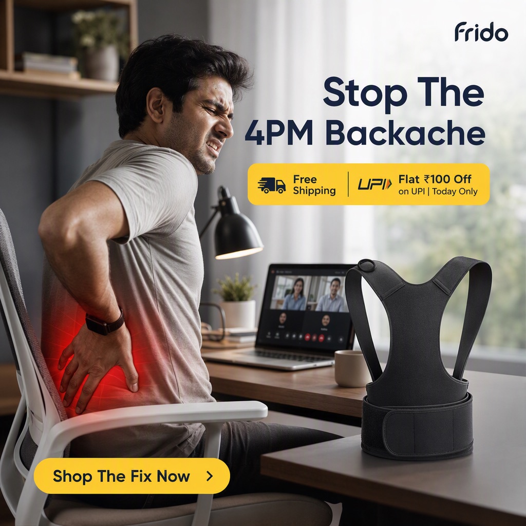 Frido ad creative showing a desk worker holding their lower back, headlined Stop The 4PM Backache