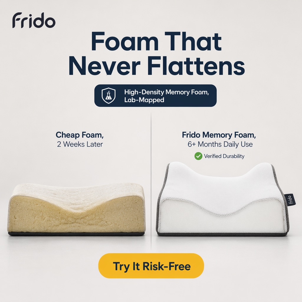 Frido ad creative comparing cheap foam flattened after two weeks against Frido memory foam after six months