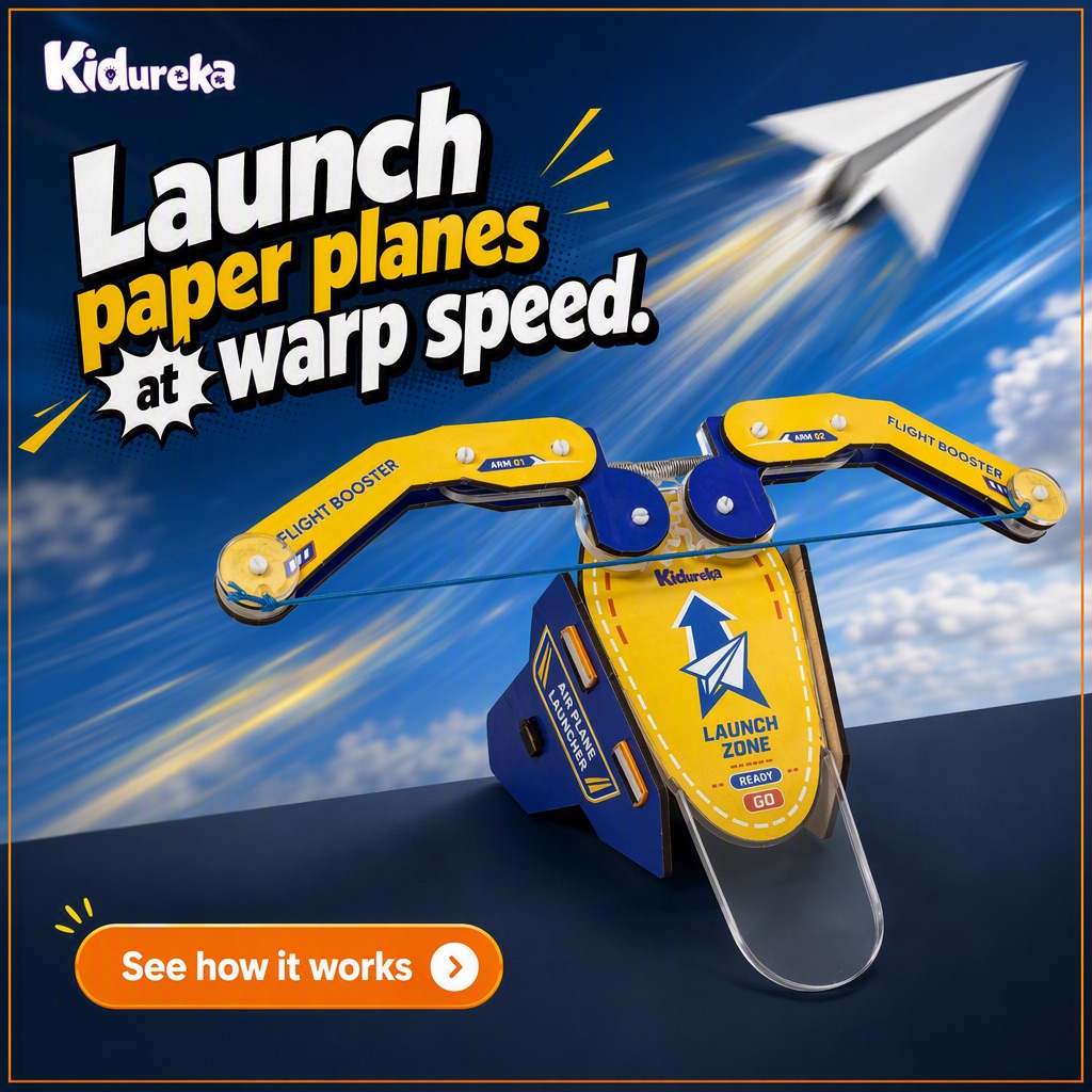 Kidureka ad creative of a toy plane launcher against a blue sky, headlined Launch paper planes at warp speed