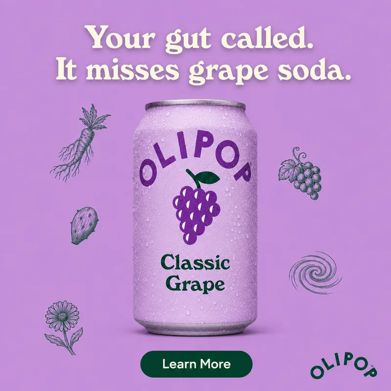 Olipop Classic Grape frame reading Your gut called. It misses grape soda.