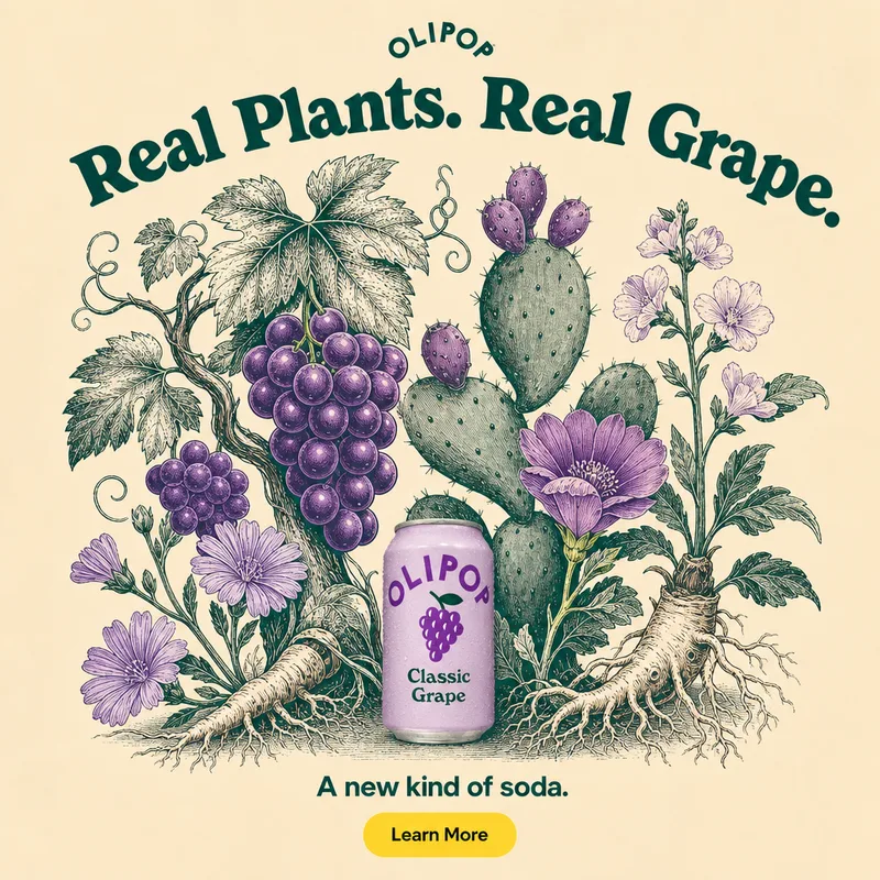 Illustrated Olipop Classic Grape frame reading Real Plants. Real Grape.