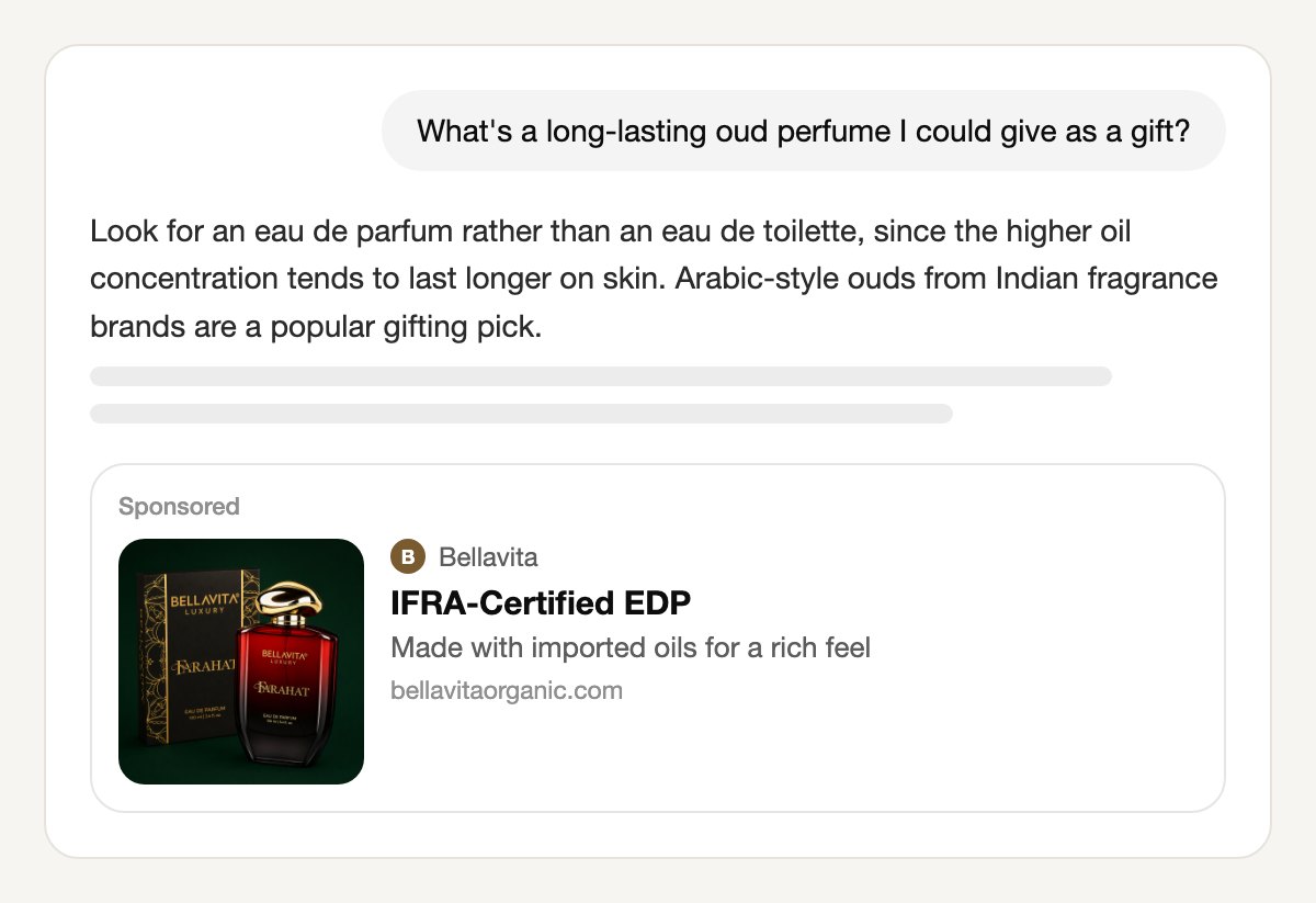 A ChatGPT conversation asking for a long-lasting oud perfume to give as a gift, with a Sponsored card below the answer from Bellavita: a square image of the red Farahat eau de parfum bottle beside its black and gold box, the title IFRA-Certified EDP and the line Made with imported oils for a rich feel