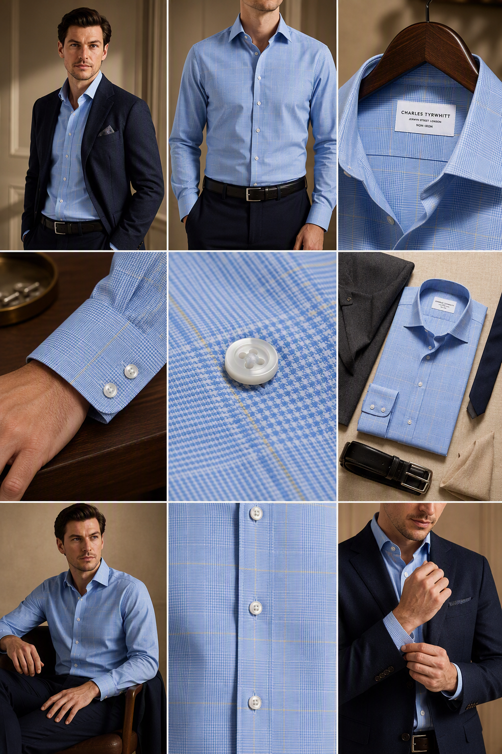 AI-generated nine-frame product photoshoot for Charles Tyrwhitt in a 2:3 grid: a model in a navy blazer and light blue check shirt, close-ups of the cuff buttons, collar label reading Charles Tyrwhitt Jermyn Street London Non-Iron, fabric weave, and a folded shirt with belt and tie