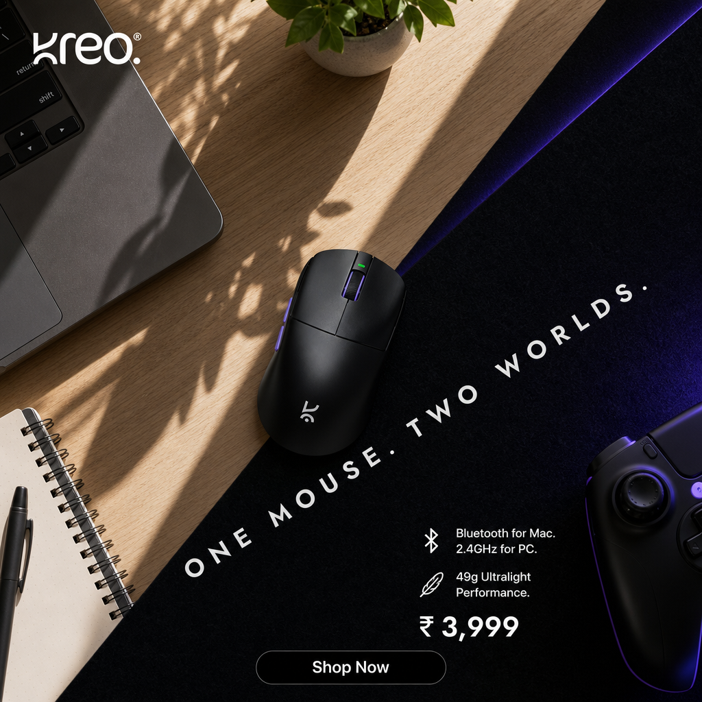 AI-generated Kreo gaming mouse ad, a flat-lay across a desk with laptop and controller, captioned "One Mouse. Two Worlds." with Bluetooth and weight specs