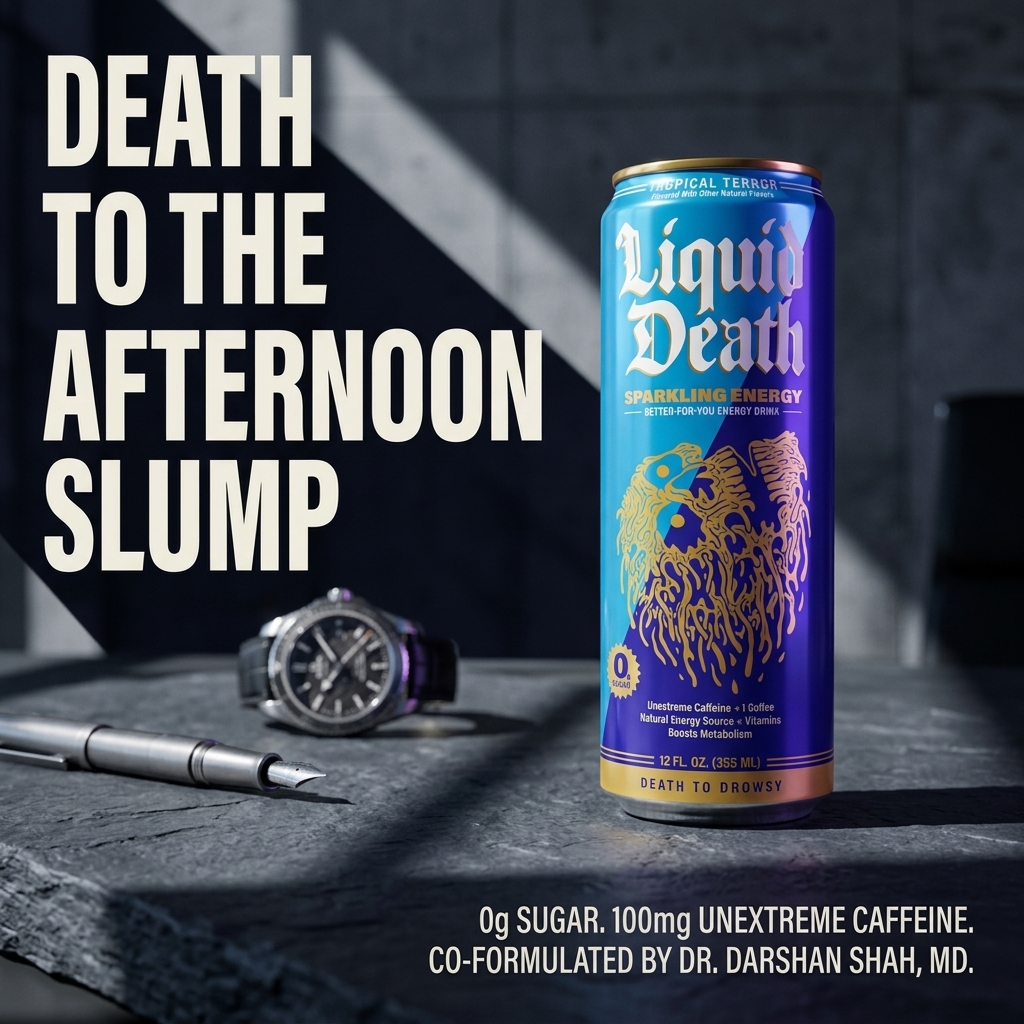 AI-generated Liquid Death Sparkling Energy ad on a dark slate scene with a watch and fountain pen, headlined "Death to the Afternoon Slump," citing 0g sugar and 100mg caffeine