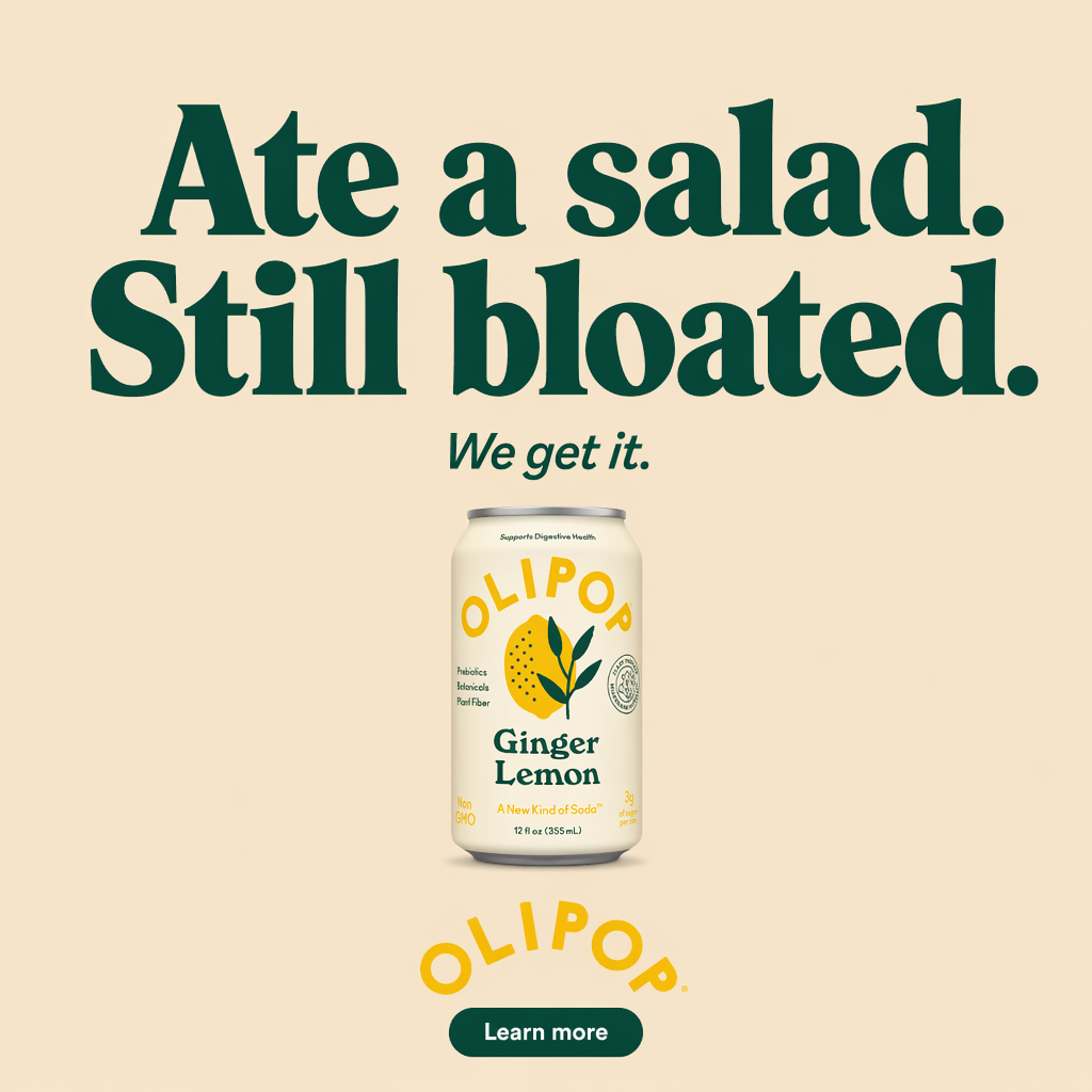 AI-generated OLIPOP Ginger Lemon ad with the headline "Ate a salad. Still bloated. We get it." above the can on a cream background