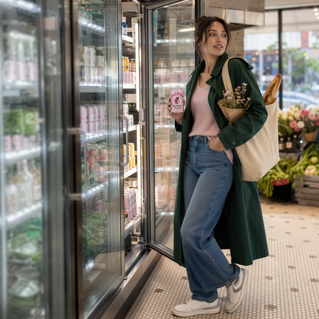AI-generated OLIPOP lifestyle ad: a woman in a dark green trench coat holding a pink Blackberry Vanilla can at an open grocery cooler stocked with cans, a tote bag with flowers and a baguette over her shoulder