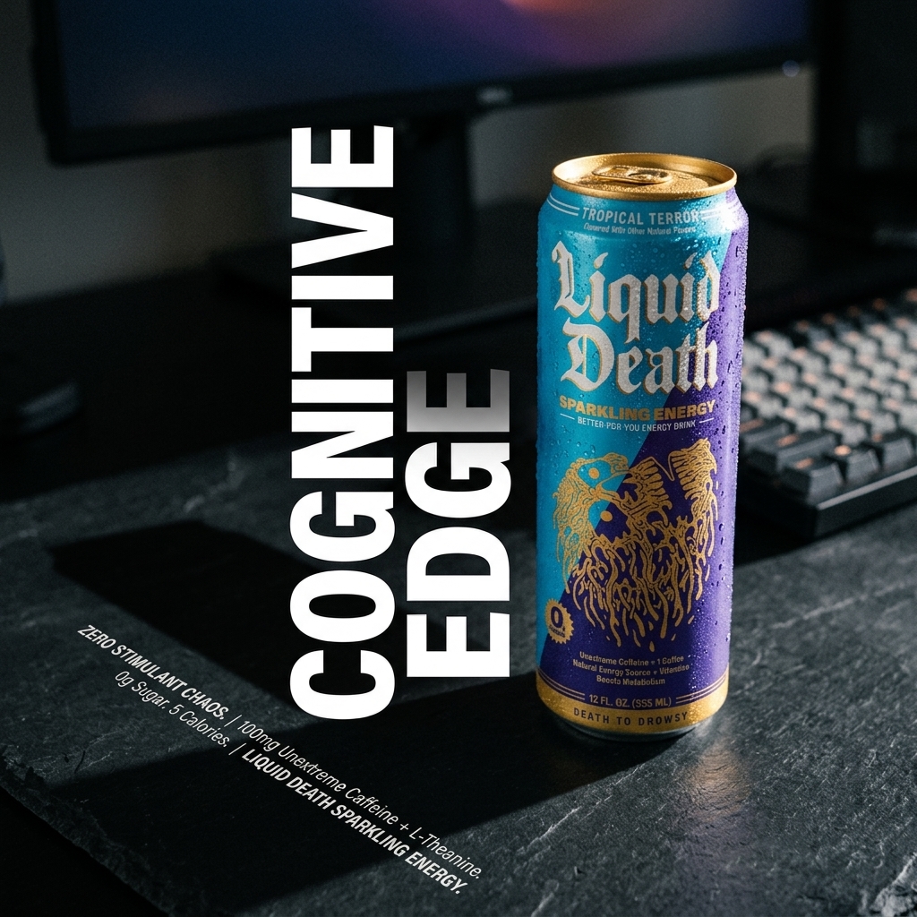 AI-generated Liquid Death ad: the blue and purple Tropical Terror Sparkling Energy can on a dark slate desk beside a mechanical keyboard and monitor, with "COGNITIVE EDGE" set in large rotated type and spec copy reading zero stimulant chaos, 100mg caffeine plus L-Theanine, 0g sugar, 5 calories