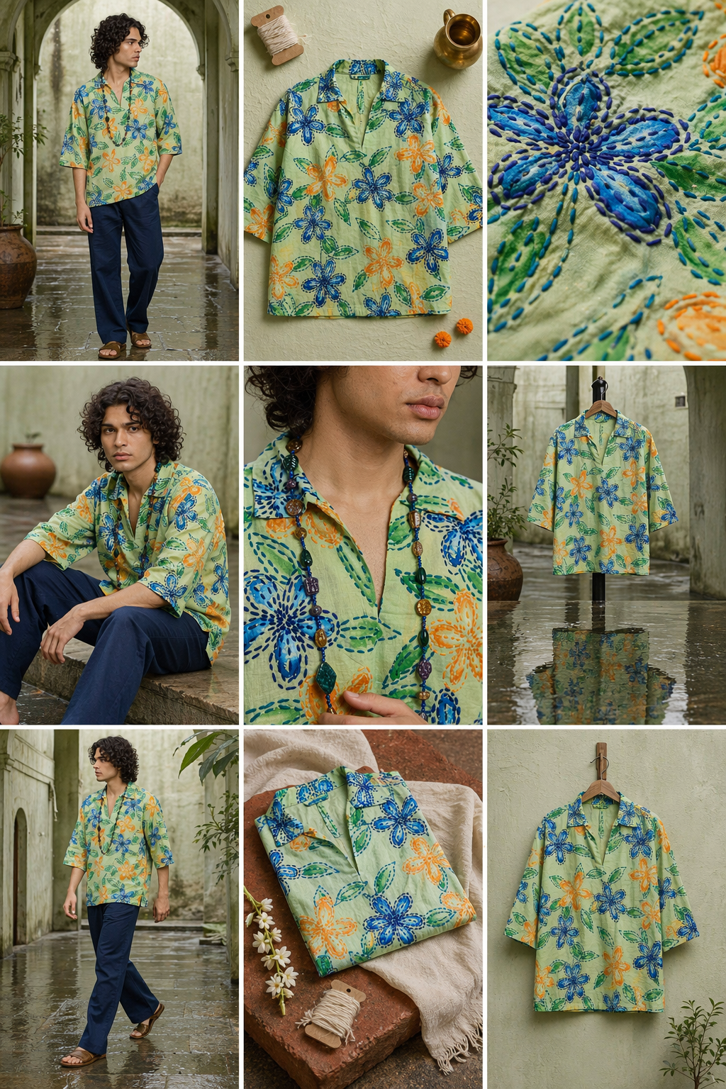 Nine-panel AI-generated grid for the 5feet11 Baharon Phool Barsao shirt: on-model walking and seated shots, a flat lay with thread spool and brass pot, a macro of the blue and orange embroidered flowers, hanger shots, a folded shot on terracotta, and a mannequin shot on wet stone