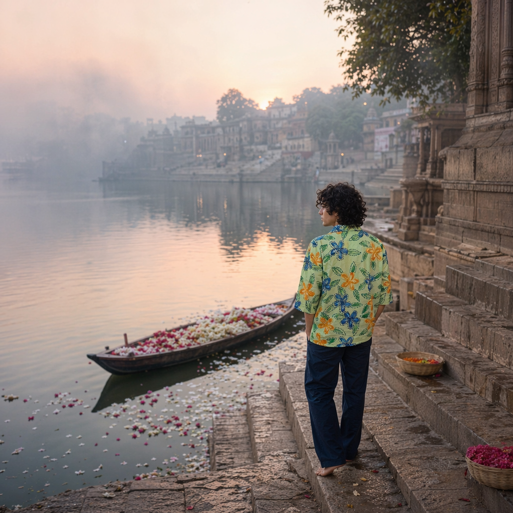 AI-generated 5feet11 ad: a model seen from behind in a green floral embroidered shirt and navy trousers, standing on stone ghat steps at dawn beside a boat filled with flower petals
