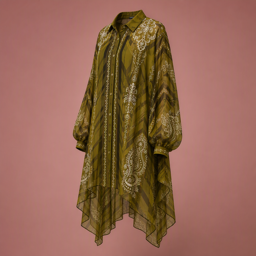 AI-generated product shot of the Kritika Murarka Olive Paisley Sheer Longline Overlay, a ghost-mannequin shot on a dusty rose background showing the handkerchief hem and white paisley embroidery through sheer olive georgette