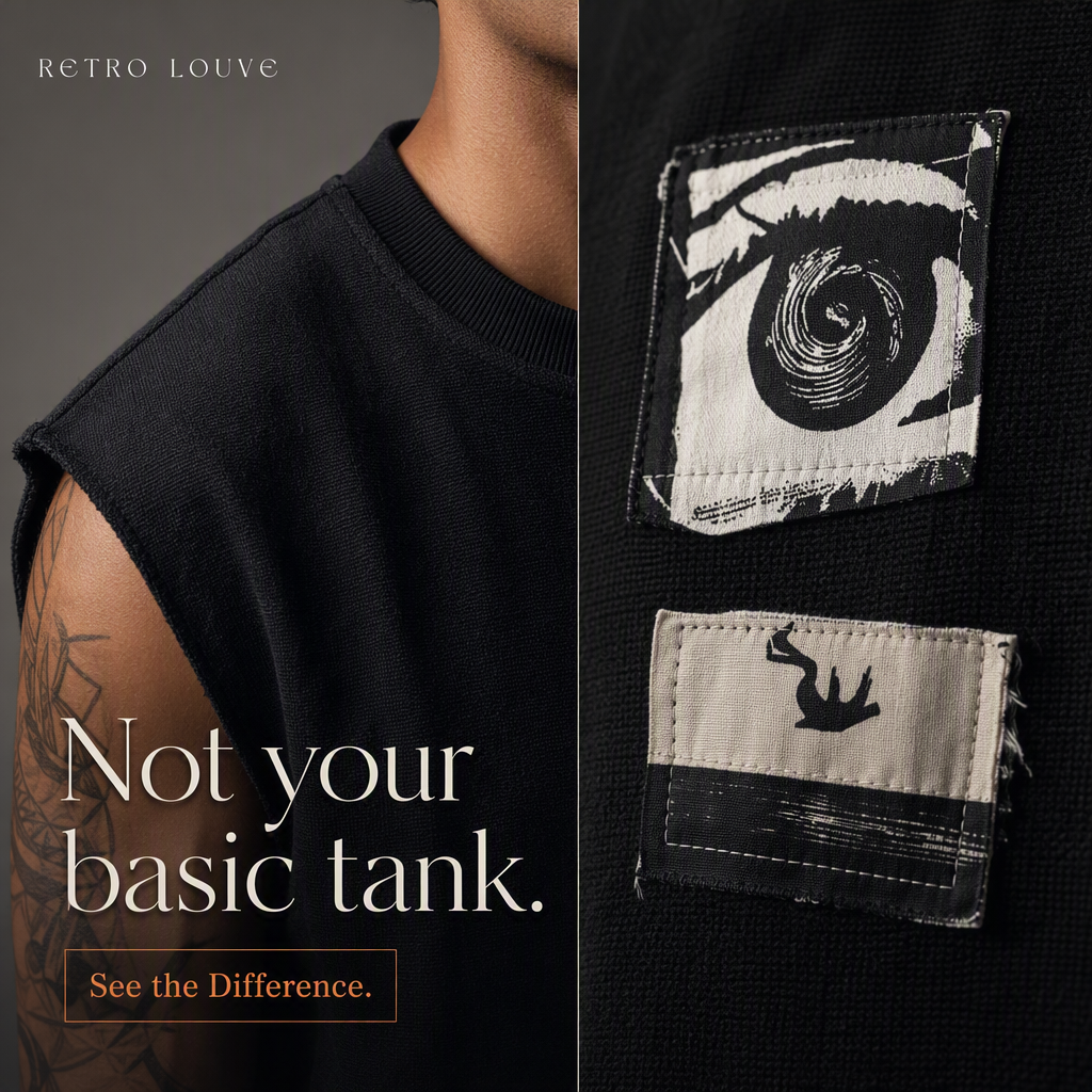 AI-generated Retro Louve ad, a split panel with a close crop of the black waffle-knit tank's raw-cut armhole and ribbed neckline on the left, headlined "Not your basic tank.", and a macro of two stitched collage patches with frayed edges on the right