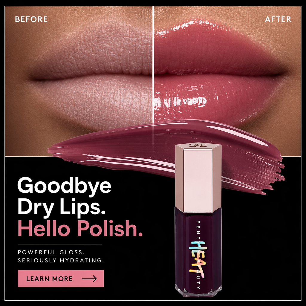 AI-generated Gloss Bomb Heat ad: a split before-and-after of lips, matte and dry on the left, glossy and full on the right, above a glossy product swatch and the tube, headlined "Goodbye Dry Lips. Hello Polish." with "Powerful gloss. Seriously hydrating."