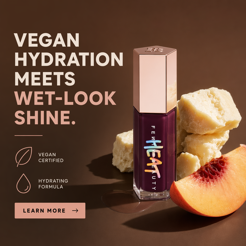 AI-generated Gloss Bomb Heat ad: the lip gloss tube standing beside chunks of shea butter and a slice of peach on a warm brown background, with "Vegan certified" and "Hydrating formula" icons, headlined "Vegan hydration meets wet-look shine."