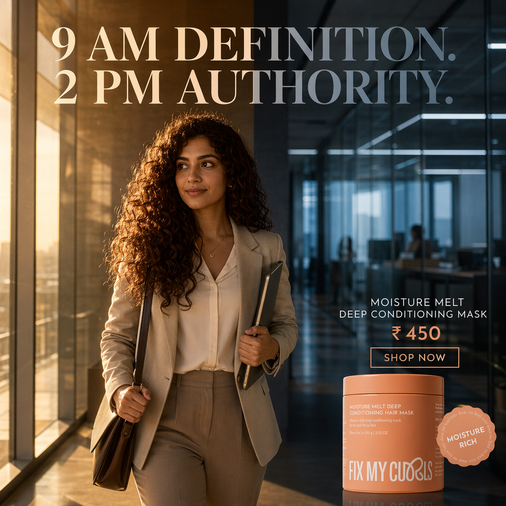 AI-generated Fix My Curls ad: a professional woman in an office corridor with the headline "9 AM definition. 2 PM authority." and the mask jar with price and CTA