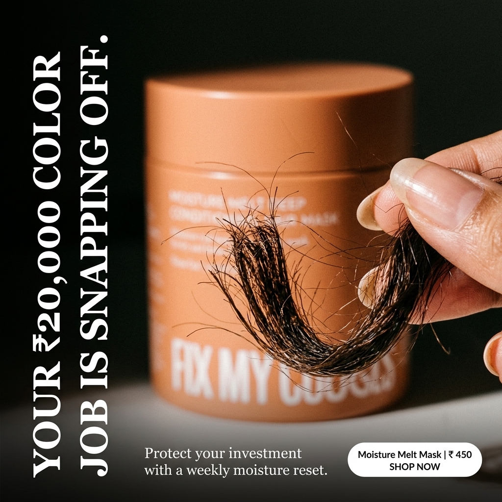 AI-generated Fix My Curls ad: a hand holds a snapped-off curl of hair in front of the conditioning mask jar, headlined "Your ₹20,000 color job is snapping off"
