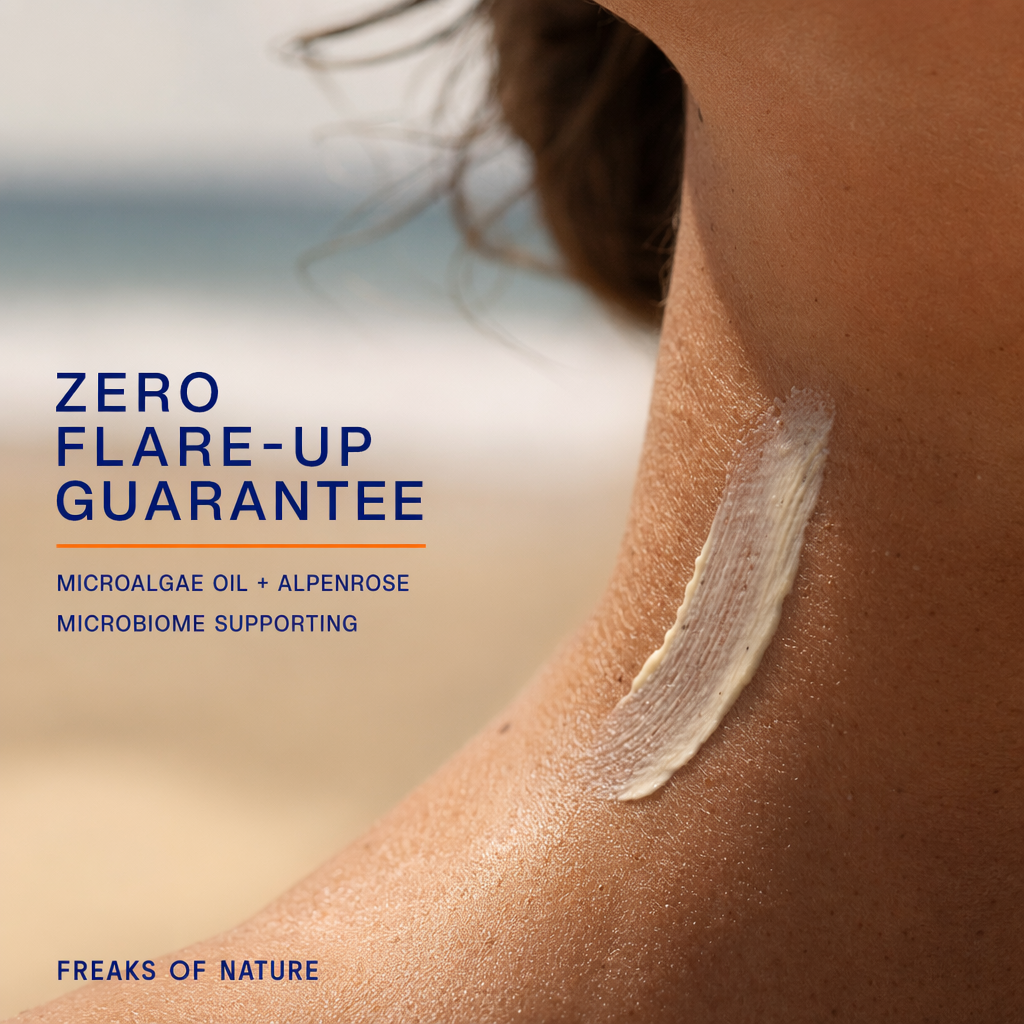 AI-generated Freaks of Nature sunscreen ad: cream texture swiped across the neckline of sun-warmed skin, with "Zero flare-up guarantee" and microbiome ingredient callouts
