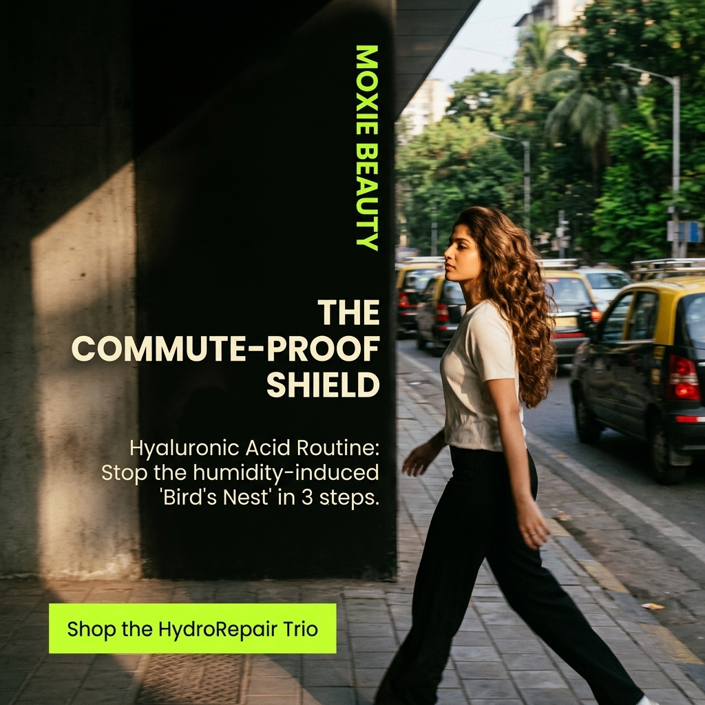AI-generated Moxie Beauty ad: a woman with defined curls walks past Mumbai traffic, with the text "The commute-proof shield" and a hyaluronic acid routine callout