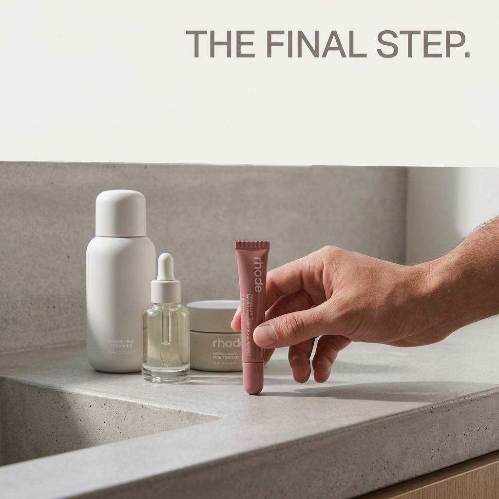 AI-generated Rhode ad: the peptide lip tint held between fingers on a concrete counter beside the brand's cleanser, serum, and moisturizer, headlined "The final step"