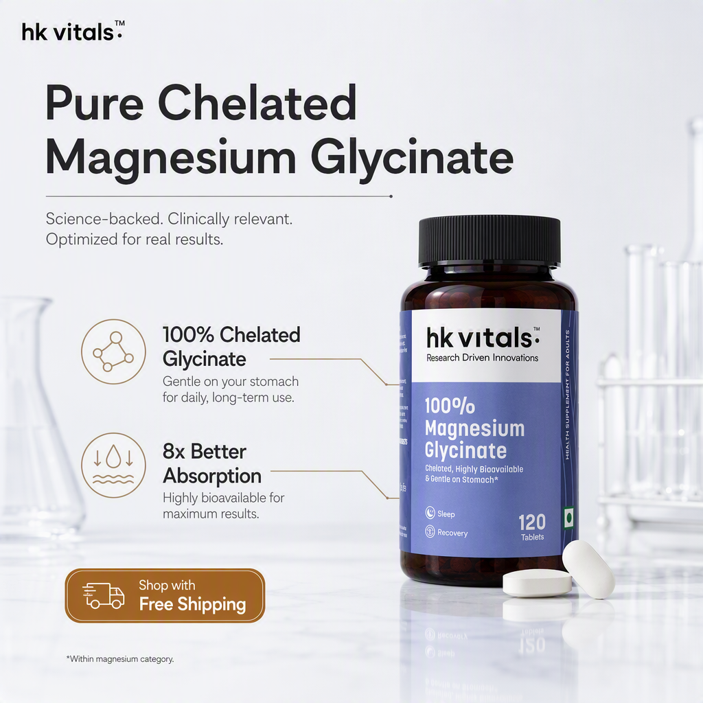 AI-generated HK Vitals ad headlined "Pure Chelated Magnesium Glycinate" with the amber bottle on marble in a lab setting, two annotated callouts reading 100% Chelated Glycinate and 8x Better Absorption, a Shop with Free Shipping button, and a small footnote reading "Within magnesium category"
