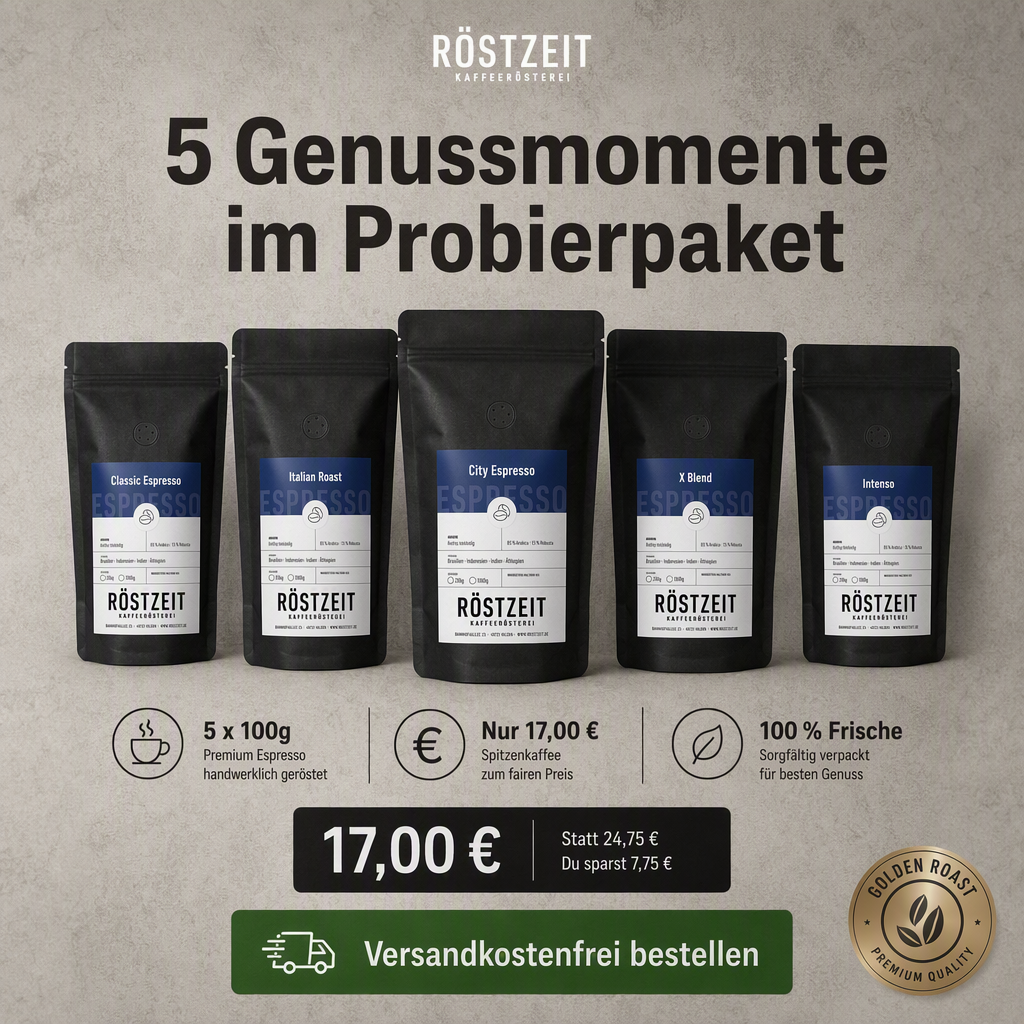 AI-generated Röstzeit ad: five black espresso pouches in a row on concrete, headlined "5 Genussmomente im Probierpaket", with feature icons reading 5 x 100g, Nur 17,00 €, 100 % Frische, a price block showing 17,00 € against Statt 24,75 € and Du sparst 7,75 €, and a green Versandkostenfrei bestellen button