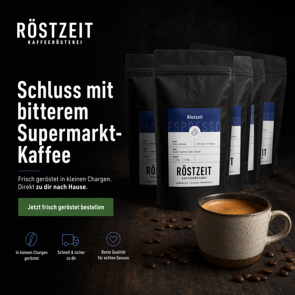 AI-generated Röstzeit ad: black espresso pouches on dark wood beside a ceramic cup of espresso, headlined "Schluss mit bitterem Supermarkt-Kaffee" with the subline "Frisch geröstet in kleinen Chargen. Direkt zu dir nach Hause." and a green "Jetzt frisch geröstet bestellen" button