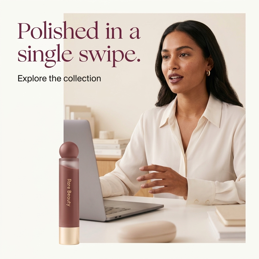 AI-generated Soft Pinch Lip Oil ad: a woman working at a laptop in a bright room with the lip oil in the foreground, headlined "Polished in a single swipe." with "Explore the collection"