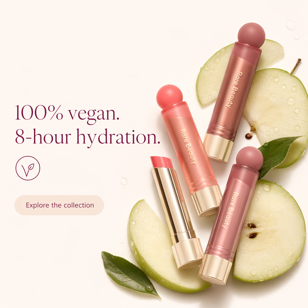 AI-generated Soft Pinch Lip Oil ad: three lip oil sticks arranged with fresh green apple slices and leaves on a soft background, headlined "100% vegan. 8-hour hydration."