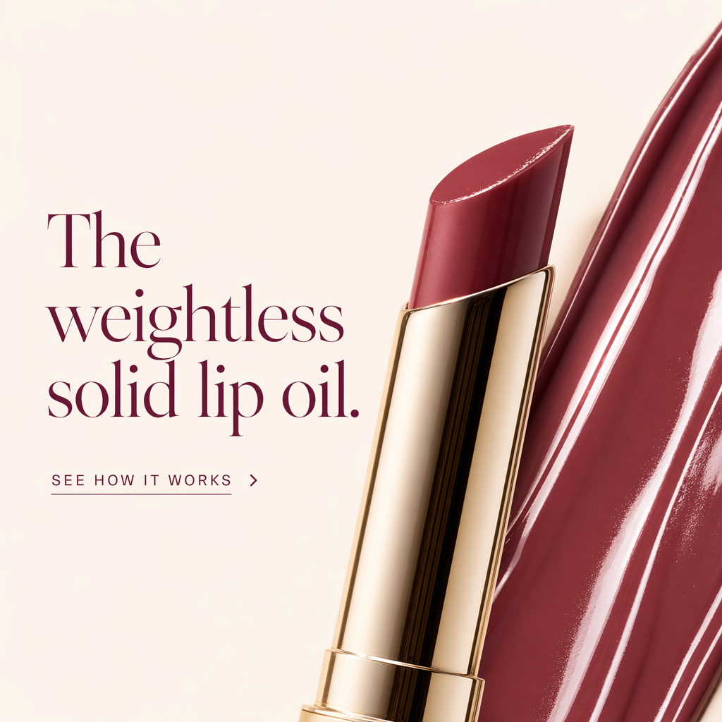 AI-generated Soft Pinch Lip Oil ad: a close-up of the gold-cased solid lip oil beside a glossy swatch of deep berry color, headlined "The weightless solid lip oil."