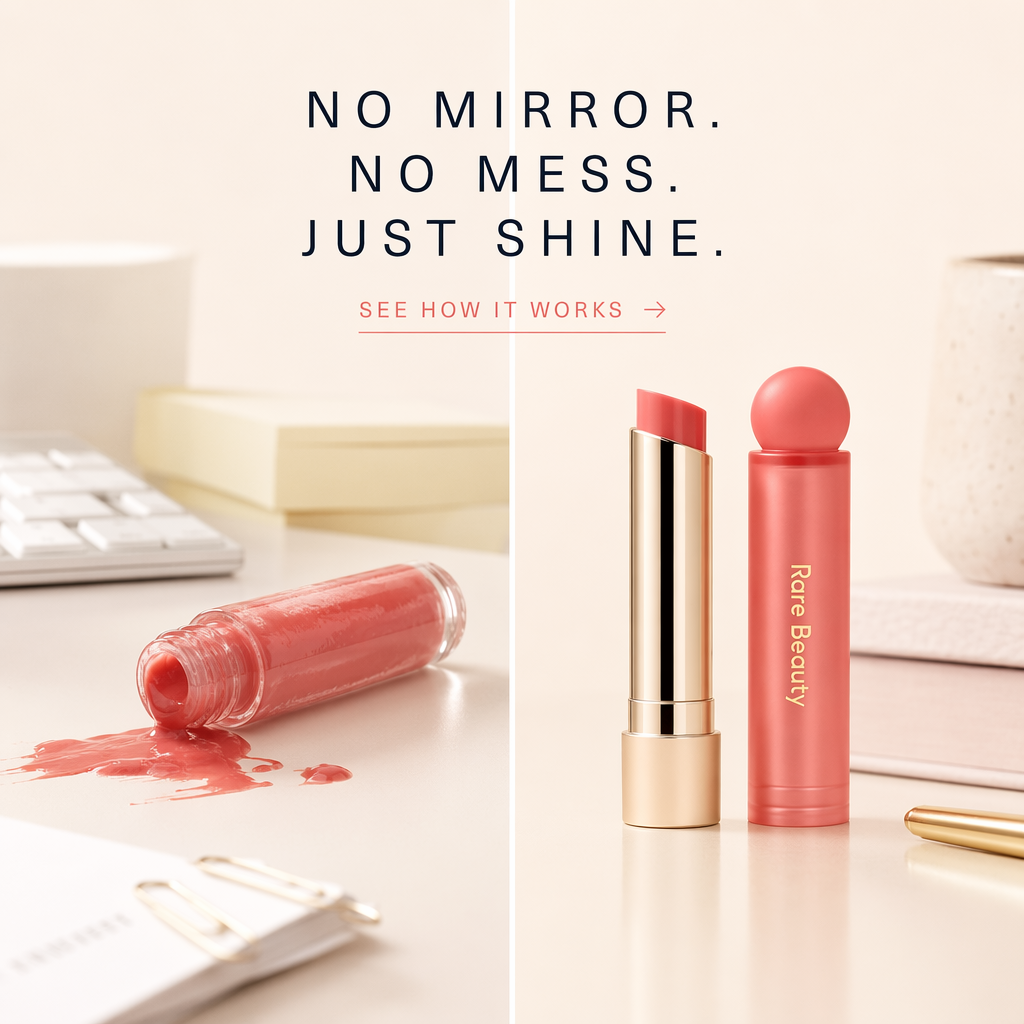 AI-generated Rare Beauty Soft Pinch Lip Oil ad, split layout contrasting a spilled gloss tube with the clean stick format, headlined "No mirror. No mess. Just shine."