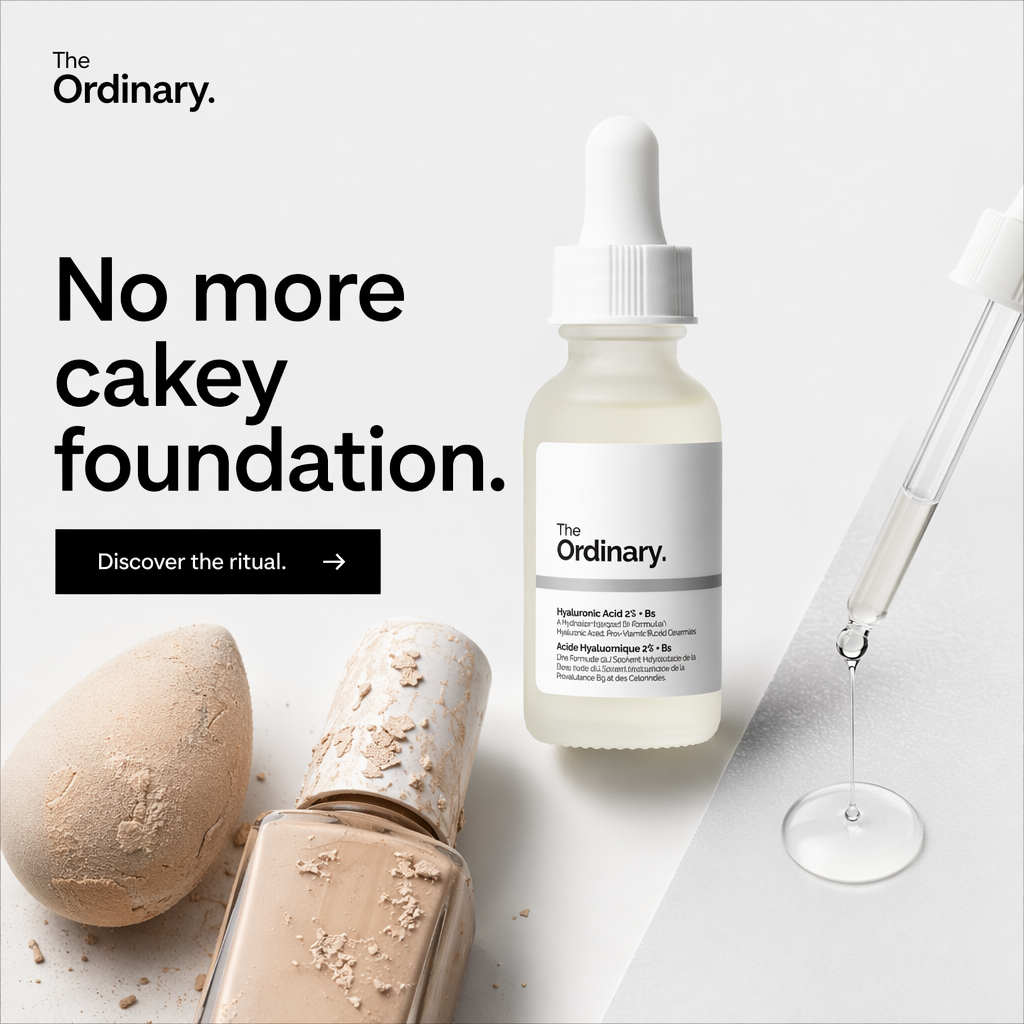 AI-generated The Ordinary ad: a flat-lay of the serum bottle and dropper beside a makeup sponge and spilled foundation, headlined "No more cakey foundation." with a "Discover the ritual" button