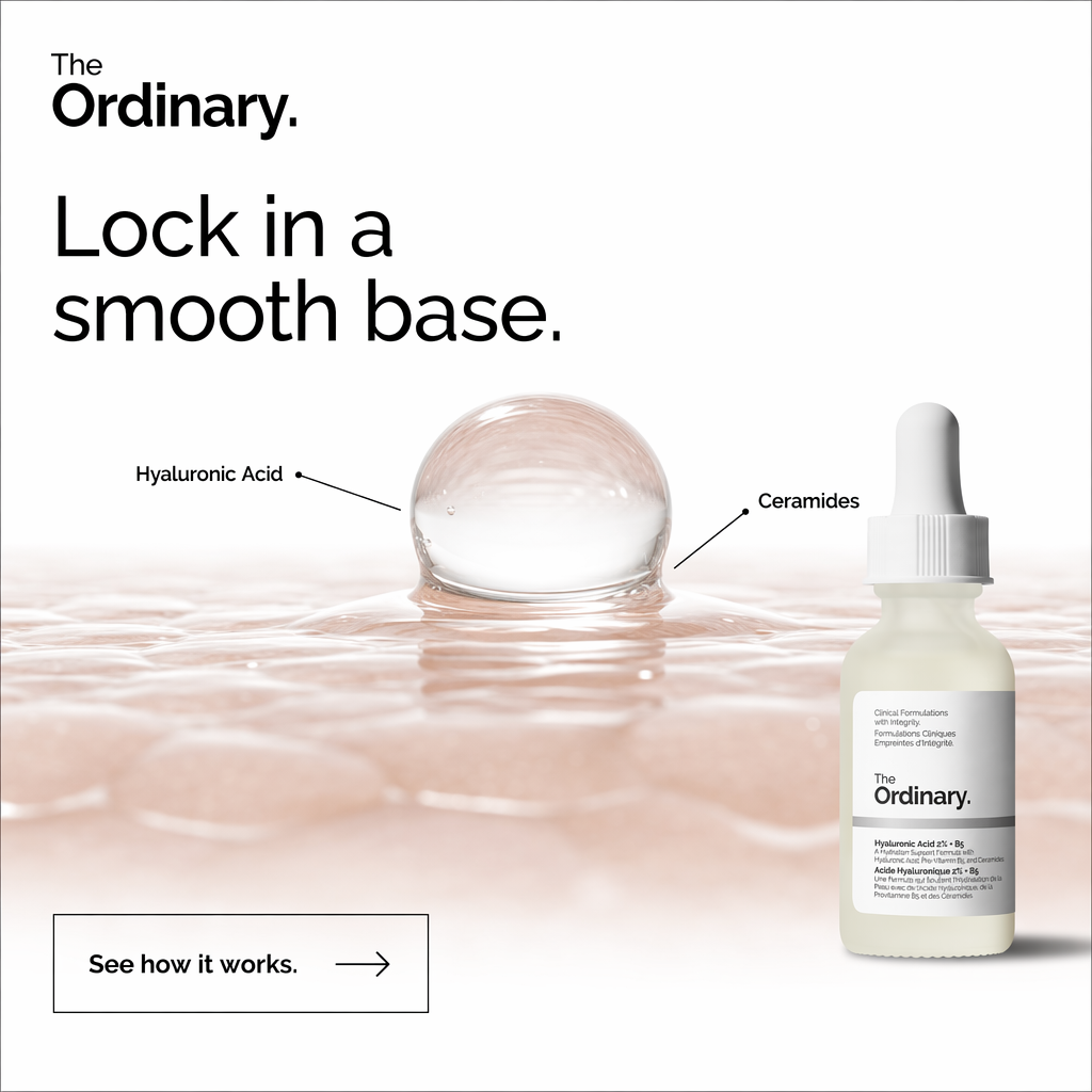 AI-generated The Ordinary ad: a clear water droplet resting on a soft peach surface with "Hyaluronic Acid" and "Ceramides" callout lines pointing to it, the serum bottle beside it, headlined "Lock in a smooth base."