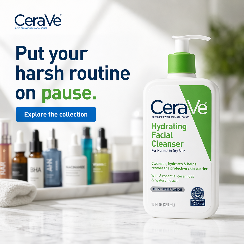 AI-generated CeraVe ad: the Hydrating Facial Cleanser pump bottle on a sunlit marble bathroom counter with skincare bottles softly blurred in the background, headlined "Put your harsh routine on pause." with an "Explore the collection" button