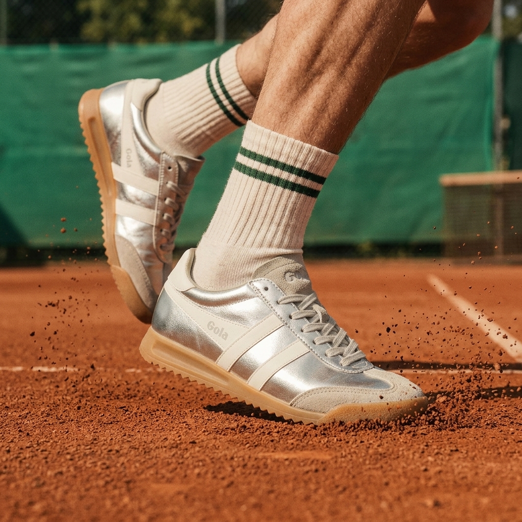 AI-generated lifestyle product photo of silver Gola sneakers worn mid-stride on a clay tennis court, dust kicking up around the sole