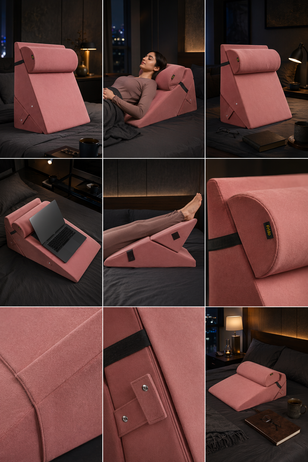 Nine-panel Amazon listing image set generated by LocalAds for the Frido adjustable wedge cushion: bedroom lifestyle scenes, laptop and leg-rest use cases, and close-up texture and strap details, all in one consistent visual style