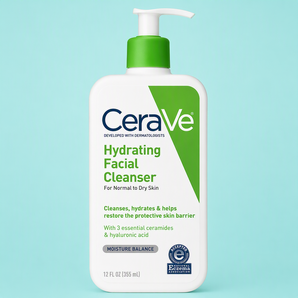Clean 1:1 product image of a CeraVe Hydrating Facial Cleanser bottle on a plain mint background, with the full label legible including "With 3 essential ceramides & hyaluronic acid" and "12 FL OZ (355 mL)"