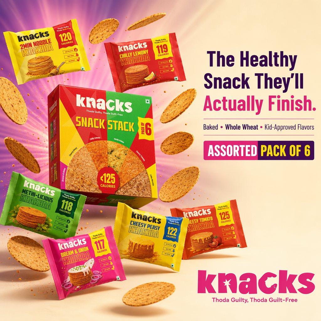 AI-generated Knacks khakhra snack ad with the assorted pack-of-6 range and per-pack calorie counts, headlined "The healthy snack they'll actually finish"