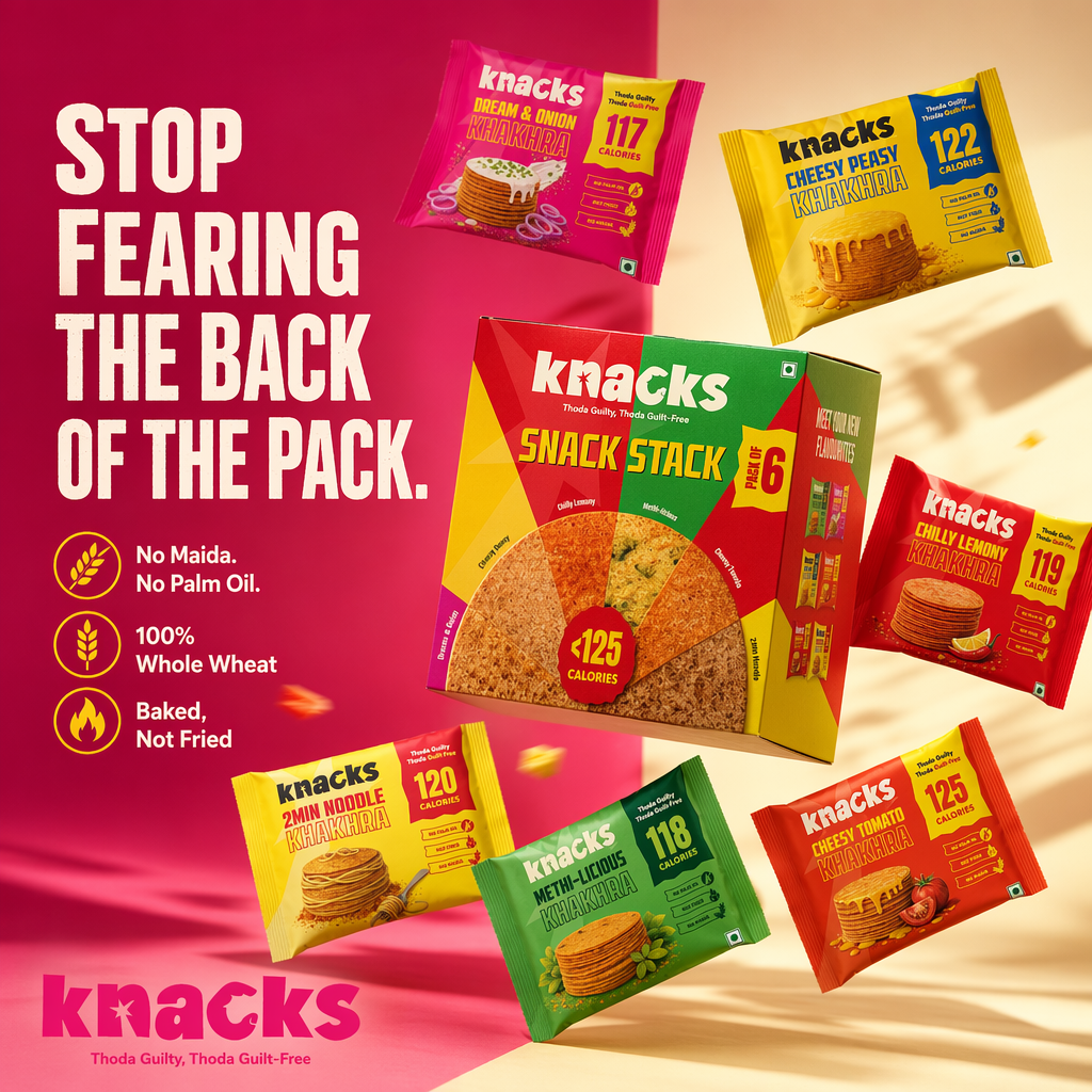 AI-generated Knacks ad showing seven khakhra packs fanned out with the headline "Stop fearing the back of the pack" and calorie counts per pack