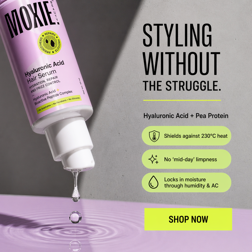 AI-generated Moxie Beauty ad: hyaluronic acid hair serum with a water droplet, three benefit callouts, and a Shop Now button