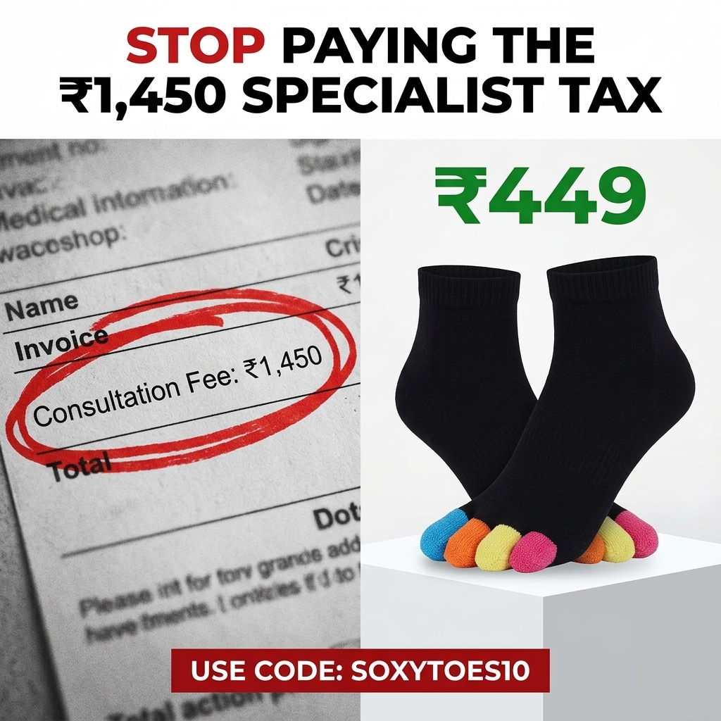 AI-generated Soxytoes ad comparing a circled ₹1,450 specialist consultation fee against ₹449 toe-separator socks, with a discount code
