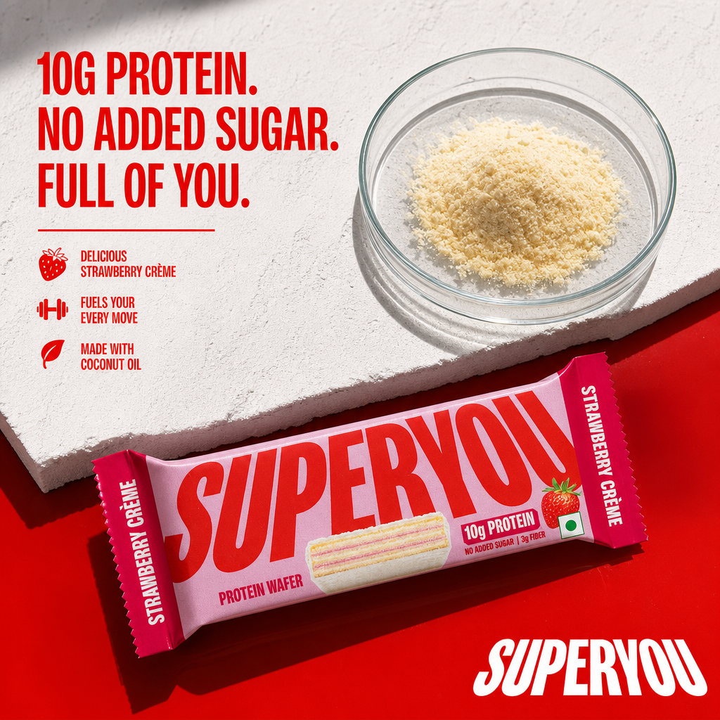 AI-generated SuperYou protein wafer ad: "10g protein, no added sugar, full of you" with the strawberry bar, ingredient callouts, and brand-red background