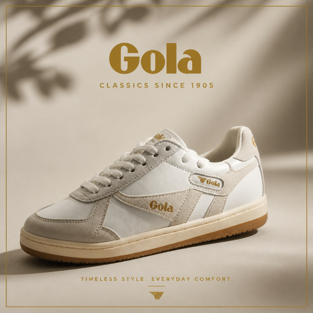 AI-generated brand-style ad for Gola: cream sneaker on a warm beige backdrop with gold "Gola, Classics since 1905" lettering and the tagline "Timeless style, everyday comfort"