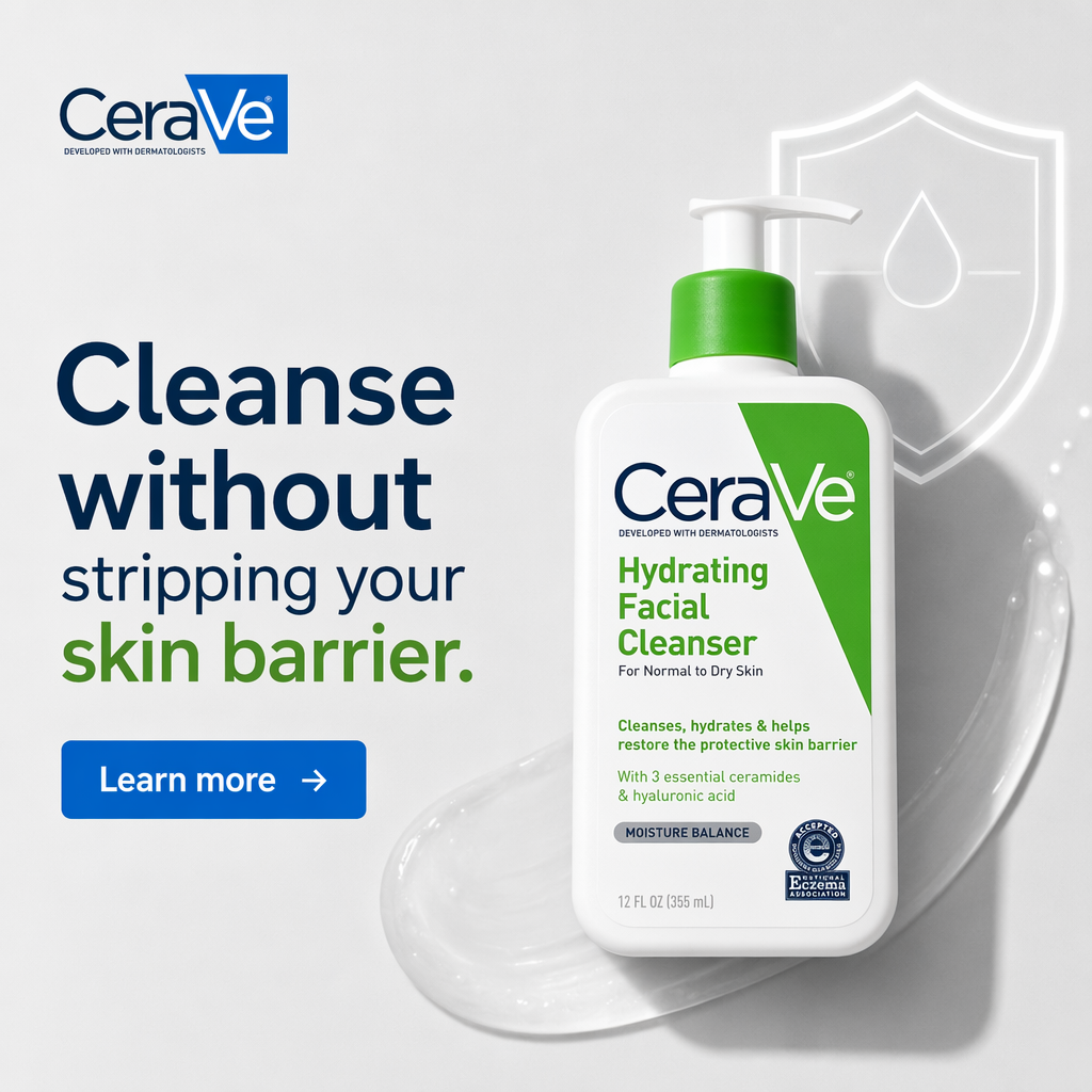 AI-generated CeraVe Hydrating Facial Cleanser ad headlined "Cleanse without stripping your skin barrier." with a Learn more button