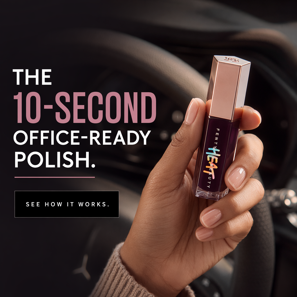 AI-generated Gloss Bomb Heat ad: a hand holding the lip gloss tube against a car interior, headlined "The 10-second office-ready polish." with a "See how it works" button
