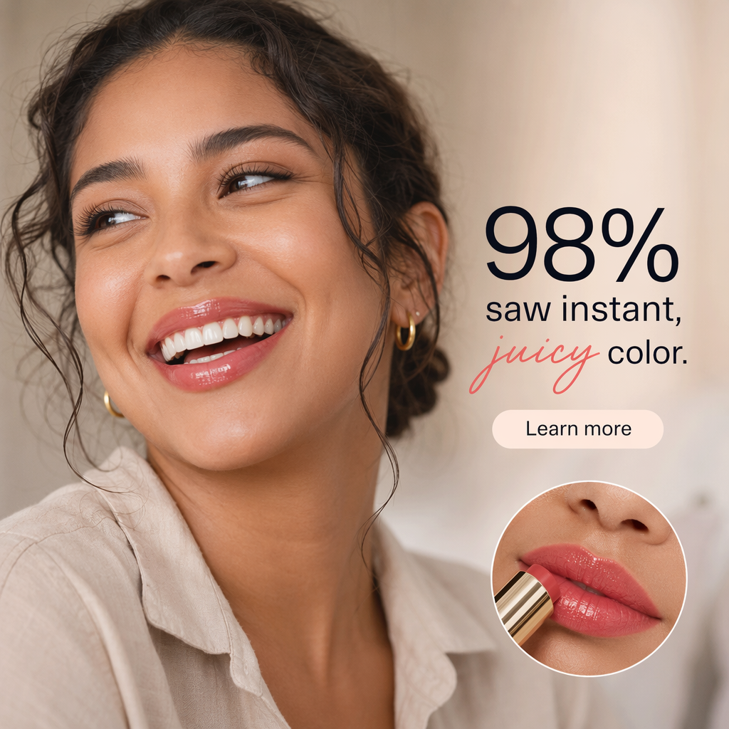 AI-generated Soft Pinch Lip Oil ad: a smiling woman with a close-up inset of glossy lips, headlined "98% saw instant, juicy color." with a "Learn more" button