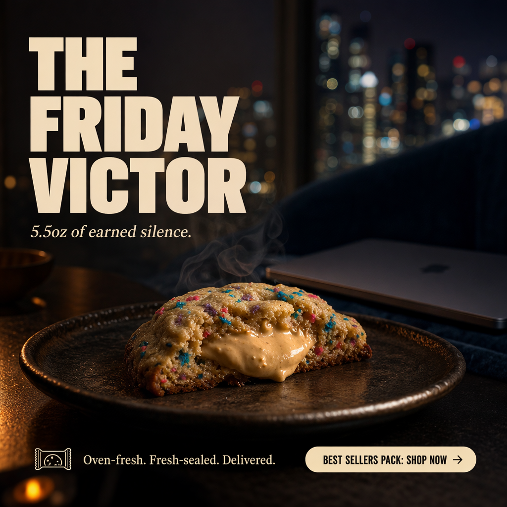 AI-generated cookie ad on a dark city-night desk scene, headlined "The Friday Victor. 5.5oz of earned silence."
