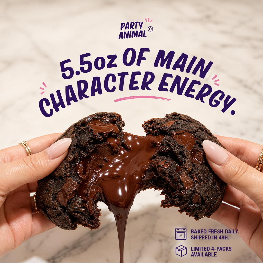 AI-generated cookie ad headlined "5.5oz of Main Character Energy" showing hands breaking open a molten chocolate cookie over marble