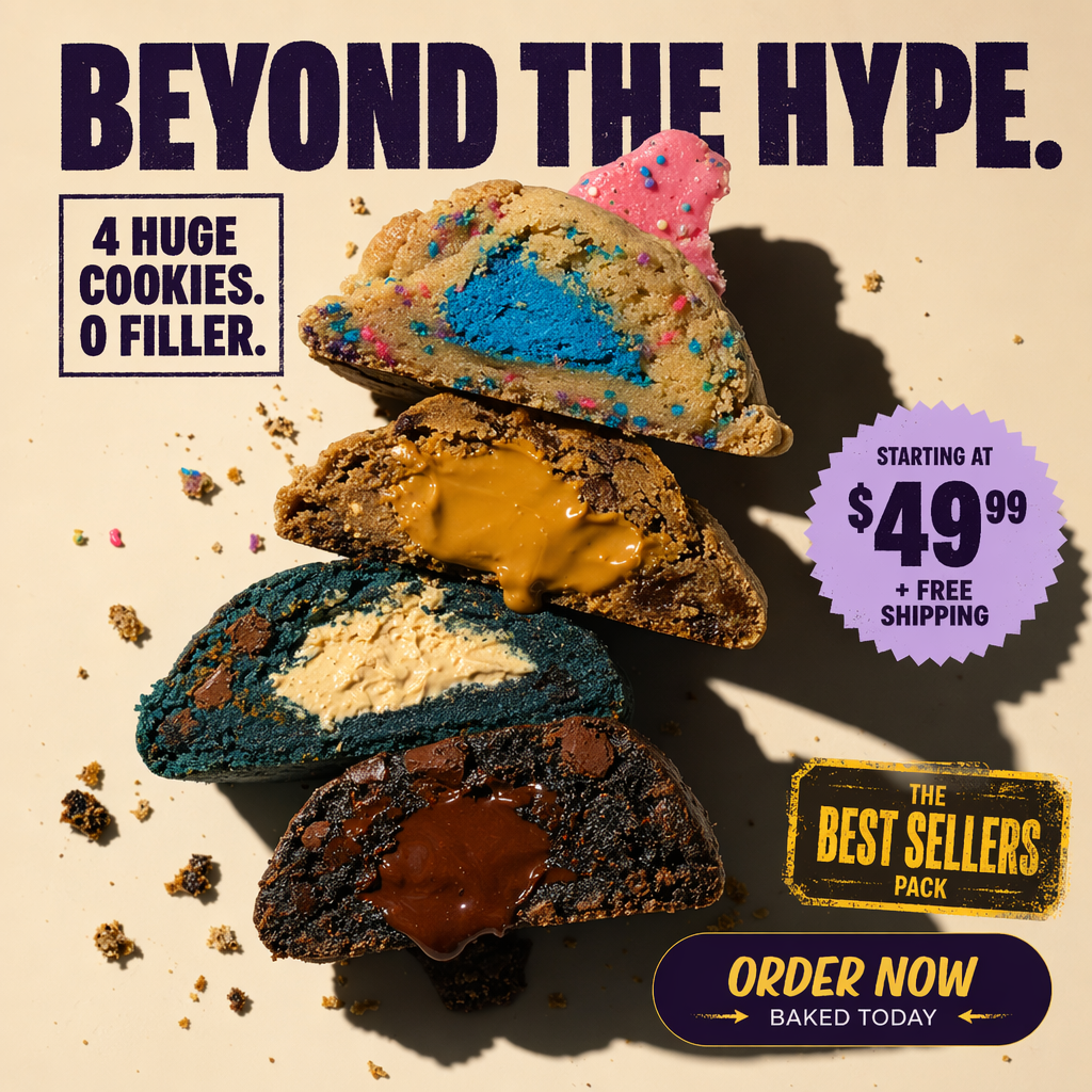 AI-generated cookie ad headlined "Beyond the Hype. 4 huge cookies. 0 filler." with a $49.99 free-shipping price badge and Best Sellers Pack sticker