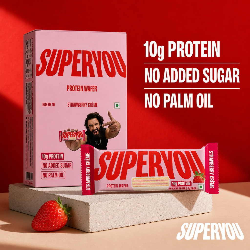 AI-generated SuperYou protein wafer ad with the headline "10g protein, no added sugar, no palm oil" on a brand-red background, showing the strawberry crème box and bar with spec callouts pulled from the product page