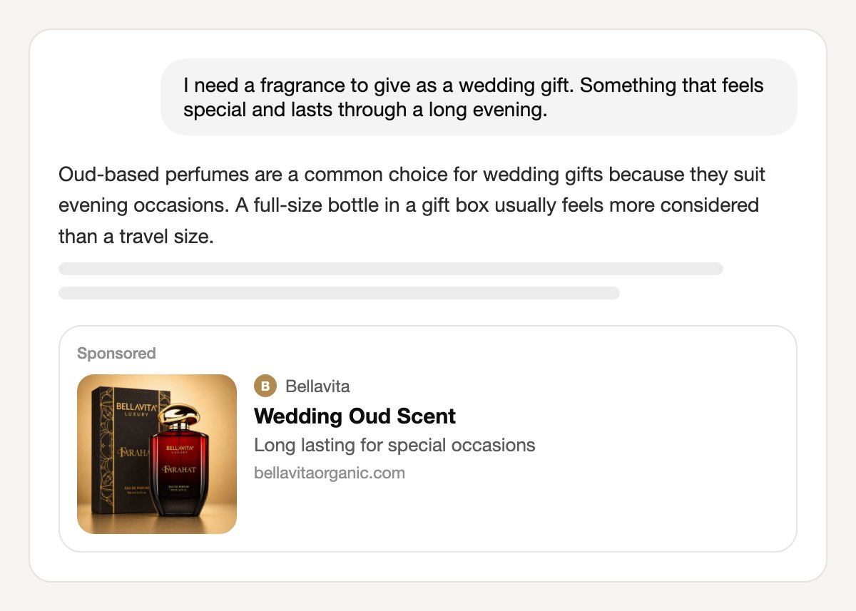 A ChatGPT conversation asking for a fragrance to give as a wedding gift that lasts through a long evening, with a Sponsored card from Bellavita below the answer: a red and gold perfume bottle beside its black box, the title Wedding Oud Scent and the line Long lasting for special occasions
